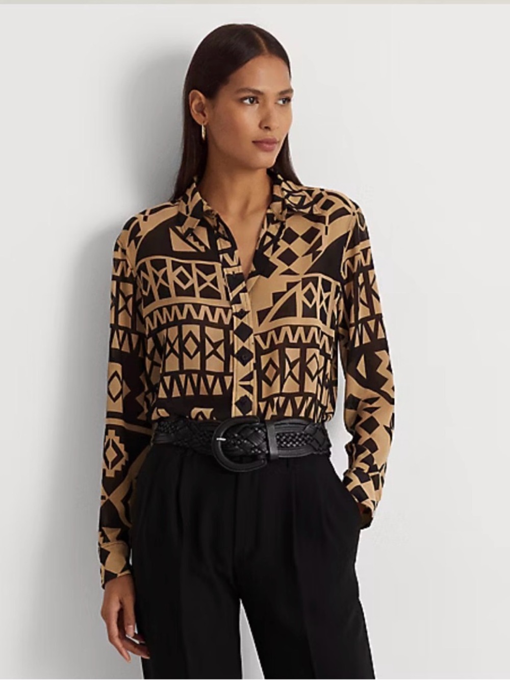 Lauren Ralph Lauren Black & Beige Geo-Print Georgette Shirt
Medium Petite